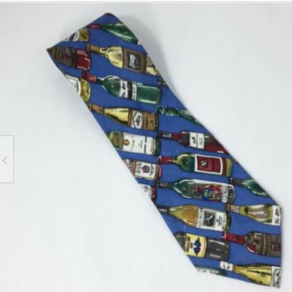 Vintage Nicole Miller Men's Multi Color Bottles Print Hand Sewn Silk Necktie 57"